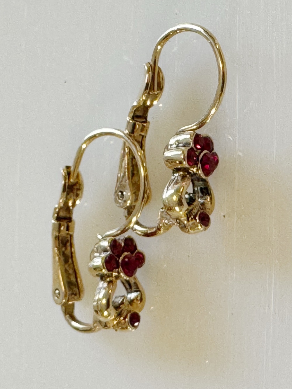 Dainty Lever Back Earrings with Red Stones - Gold-Tone Ruby Glass
